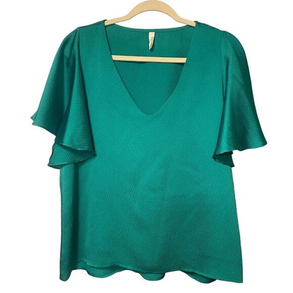 Tyche Flutter Sleeve Kelly Green V-Neck Top Sz. L Holidays, Cocktail - Picture 1 of 7